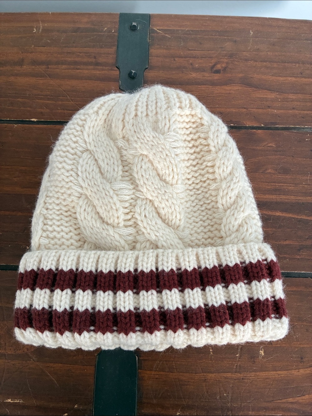 Women’s Cream Cable Knit Beanie with Burgundy Stripes